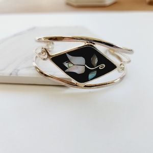 Vintage Sterling Silver Cuff Bracelet Featuring Light Pink Tulip on Black